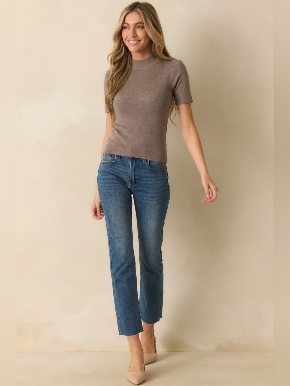 JOIE Taupe  Fitted Ribbed Knit Pima Cotton Mock-neck Short-Sleeved Top Sz Large - Picture 5 of 11